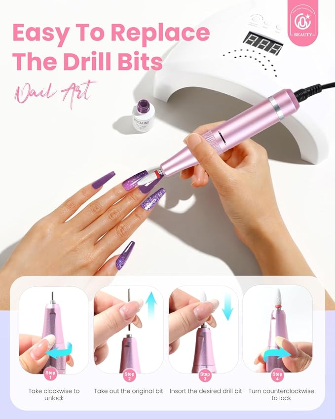 CozyZen Cordless Nail Drill Professional: 45000 RPM Rechargeable Electric Nail File Kit, Portable & Low Noise for Acrylic, Gel Nails, Manicure & Pedicure - Salon & Home Use (Pink & Purple)