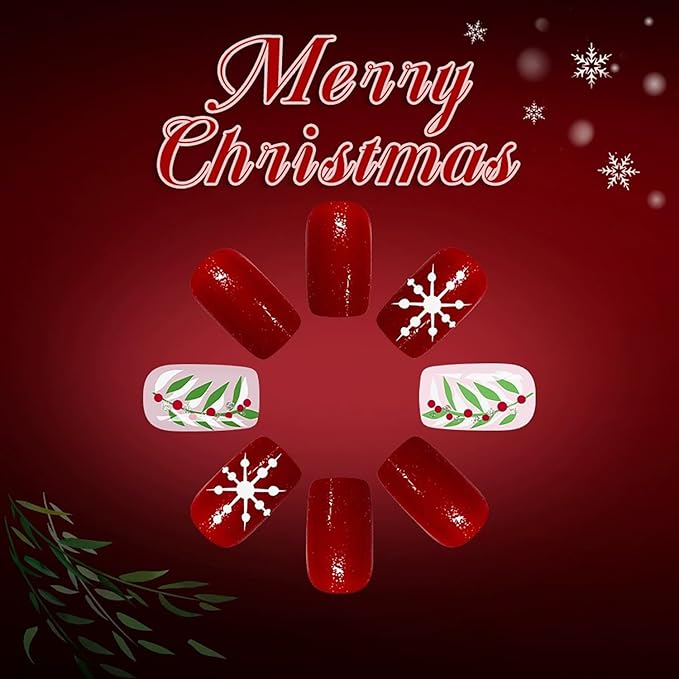 Christmas Press on Nails Medium Square Fake Nails with Snowflake Holly Designs Red Xmas False Nail Winter Silver Glitter Stick on Nail for Women 24 Pcs