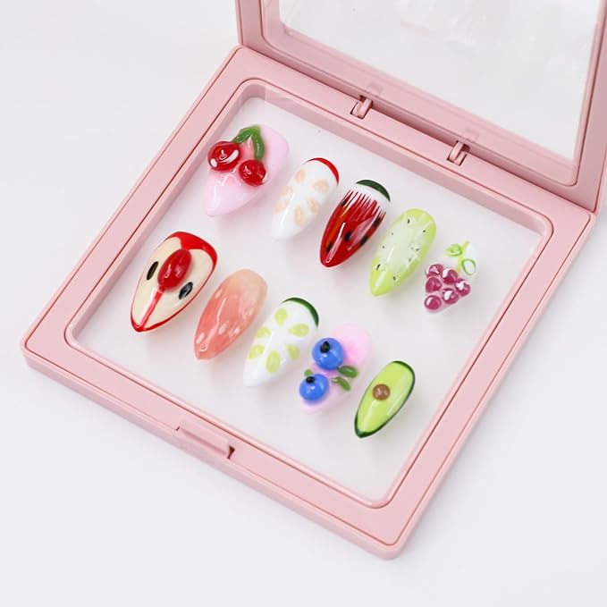 Handmade Press on Nails Medium Almond Nails Thick Fake Nails with Glue,Cute 3D Fruit Art False Nails with Designs Colourful Nails Reusable Nature Stick on Nail for Wome (Size S)