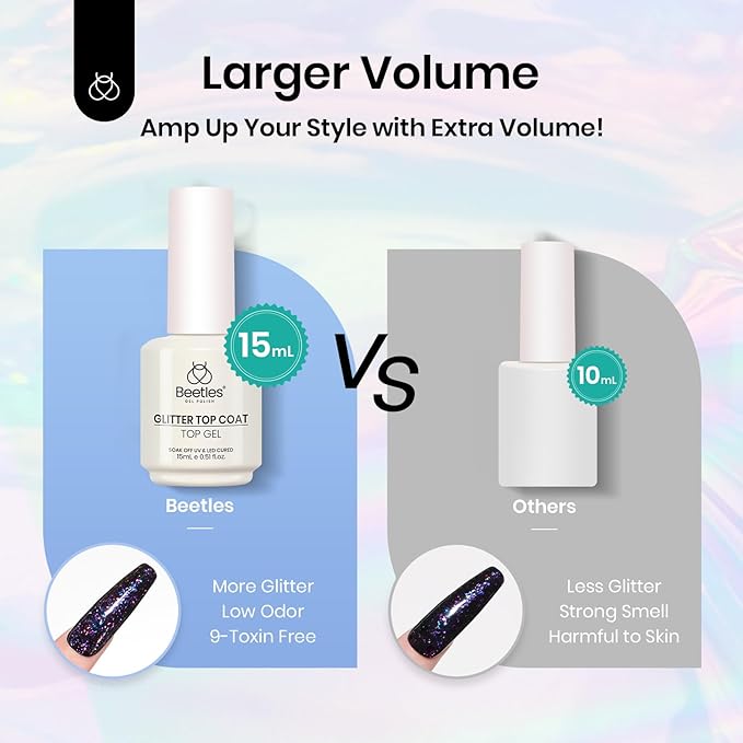 beetles Gel Polish Glitter Top coat Gel Polish 15ml Reflective Silver Mix Glitter Shiny Gel Nail Polish No Wipe Uv Gel Top Coat Nail Decoration Nail Art Sparkle Manicure DIY Home Salon