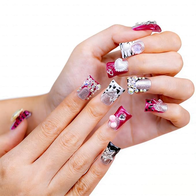 10 Pieces Luxury Acrylic Press On Nails Short Handmade Duck Nails, Pink Thickened False French Nails, 3D Hearts, Butterflies And Stars, Reusable Fake Nails, Acrylic Nails (M)