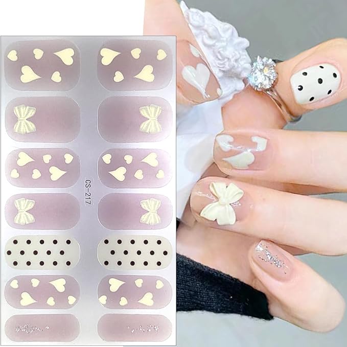 Valentines Nail Polish Stickers Self Adhesive French Tip Nail Stickers Black White Pink Heart Gel Nail Stickers Romantic Valentines Day Gel Nail Strips Cute Bow Full Nail Wraps Stickers for Women 4Pcs