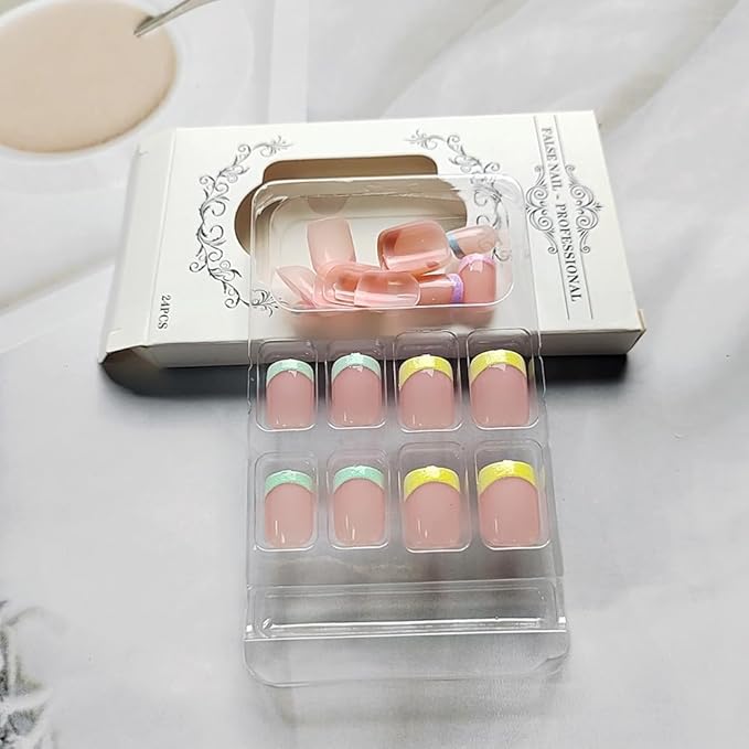 Press on Nails Square Short Short Fake Nails Press ons Multicolor French Nail Tips Artificial Acrylic Kit Full Cover False Nails with Glossy Design Stick on Nails for Women 24Pcs