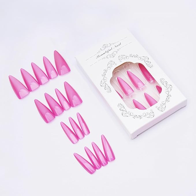 MISUD Press on Nails - Long Stiletto Fake Nails, Acrylic Summer Pink Cat Eye Design 24 pcs