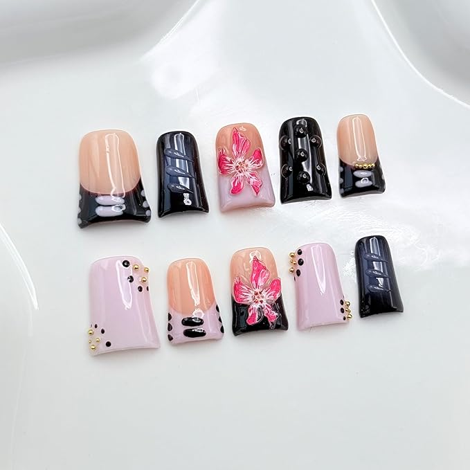 10 Pcs Handmade Duck Press on Nails 3D Art Flower Fake Nails with Golden Pearl Design Reusable Artificial Acrylic False Nail for Women Girls DIY（Size M)