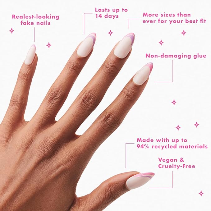Olive & June Instant Mani Press-On Nails (Glue) | 42 Fake Nails, 21 Sizes | Non-Toxic, Long-Lasting Recycled Materials Realistic Look | Spring Flowers & Patterns | Long, Almond | Double French Twist