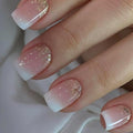 Ombre Press on Nails Short Square MABKJLF French Tip Fake Nails False Nails with Designs Gold Glitter White Pink Gradient Glossy Glue on Nails Acrylic Nails for Women Girls 24 Pcs