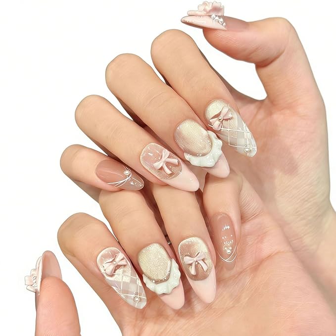10 Medium Almond Handmade Press On Nails | Kawaii Pink Cat Eye Fake Nails with 3D Bow, Argyle & Pearl Accents | Reusable Nails(5U02, S)