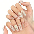 10 Medium Almond Handmade Press On Nails | Kawaii Pink Cat Eye Fake Nails with 3D Bow, Argyle & Pearl Accents | Reusable Nails(5U02, S)