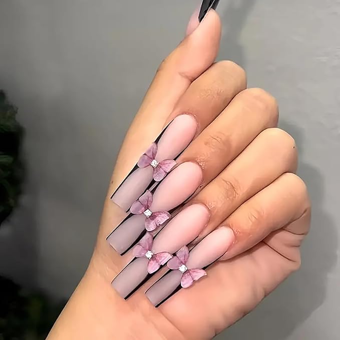 Press on Nails Coffin Long Length Acrylic Glossy Full Cover Square Shaped French False Nails with Designs Artificial Extra Long Fake Nails with Charms Glue ons Fingernails for Women(XXS222)