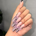 Press on Nails Coffin Long Length Acrylic Glossy Full Cover Square Shaped French False Nails with Designs Artificial Extra Long Fake Nails with Charms Glue ons Fingernails for Women(XXS222)