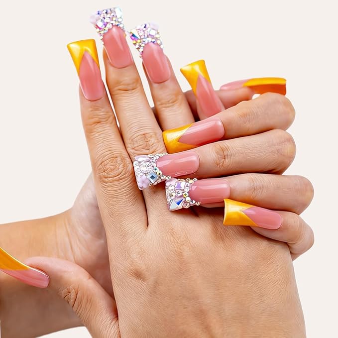 10 Pieces Handmade Luxury Metallic Yellow Shimmer with AB Crystal Shine Long Press On Nails With Bling Rhinestones And Y2K Princess Vibes, Reusable Fake Nails, Acrylic Nails (M)