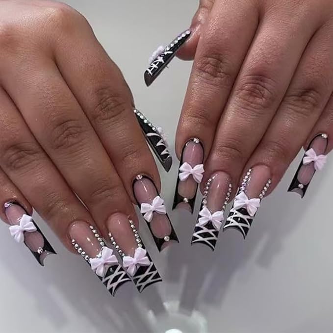 Square Press on Nails Long Black Fake Nail 3D Bow and Rhinestones Acrylic Nail Press ons Stripes Stick on Nail for Women 24pcs
