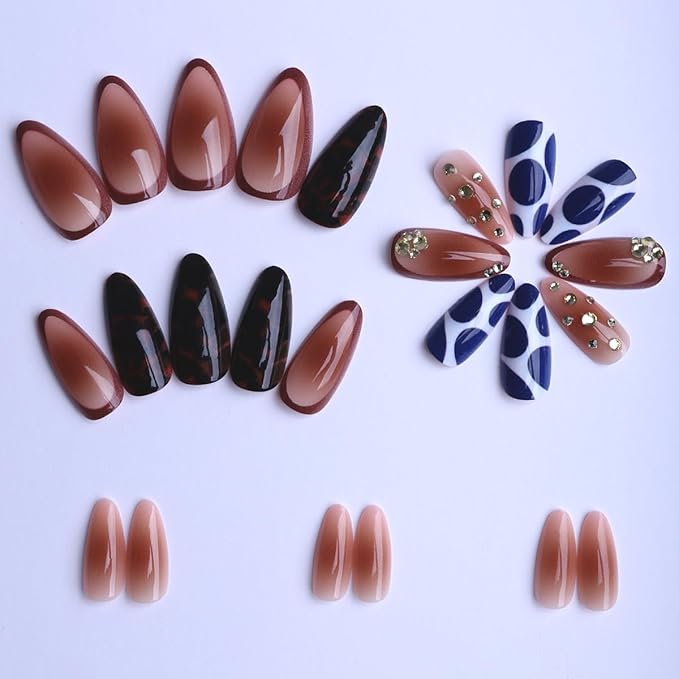 Blue & Brown Press on Nails Medium Almond Fake Nails Fall Winter Nails Press ons with Tortoise,Cow Print Design Full Cover Stick on Nails for Women Manicure,Reusable | Artificial | Easy Apply | 24Pcs