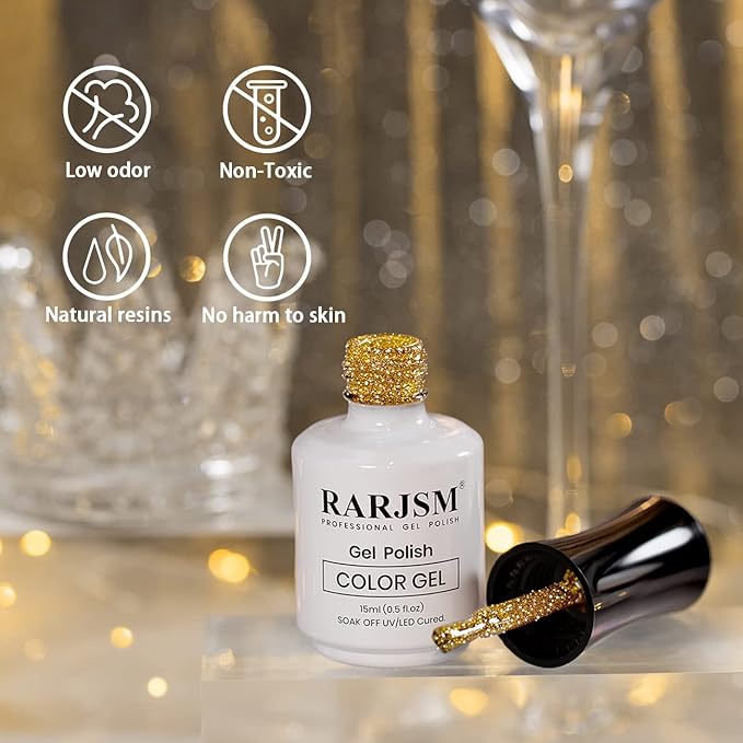RARJSM Gold Glitter Gel Nail Polish,Reflective Gel Nail Polish,Flash Diamond Nail Gelpolish Soak off Disco Shimmer Gelpolish UV LED Curing Requires 15ml for Home Salon Diy Nail Manicure Decoration