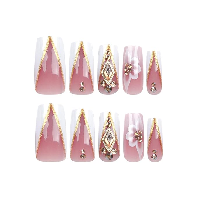 MISUD Press on Nails - Long Square Fake Nails with White French Tip, Acrylic Bling Gold Glitter Rhinestone Design 24 pcs