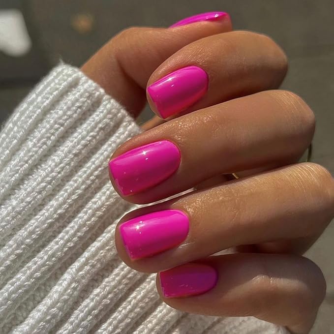 Hot Pink Press on Nails Short Square Natural Short Gel Nails Glue on Acrylic Nails Press ons Neon 48Pcs Thick Reusable Fake Nails for Women Short Coffin Artificial Nails New Solid Color Square Nails