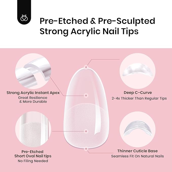 Beetles Tipex Instant Apex Nail Tips, Oval Short, 16 Sizes (00–14), 192pcs, Built-In Apex, No Builder Gel Required, Thicker Strong Acrylic Tips for DIY Nail Extensions