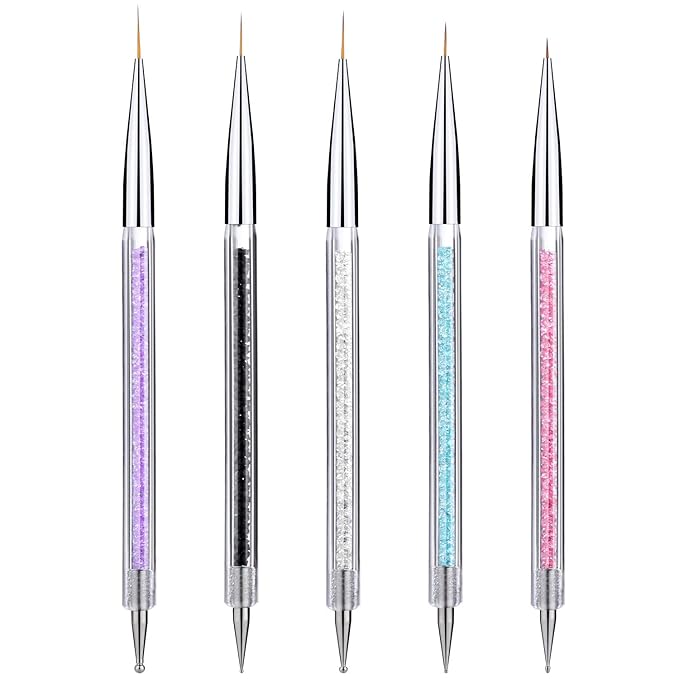 Gel Polish Nail Art Brushes Set-5 Pcs Dual-ended Nail Paint Brushes for Nail Art with Fine Liner Brushes and Dotting Pen (5,7,9,11,13 mm)
