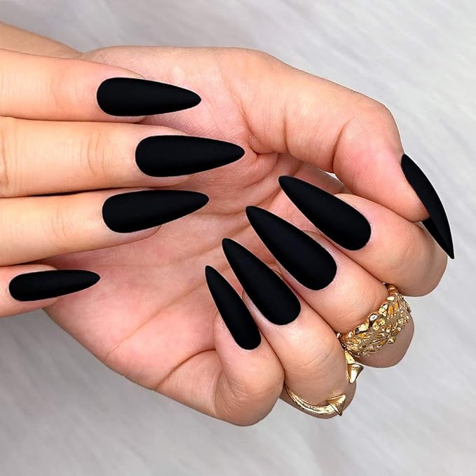Morily 24pcs Fake Nails Matte Pure Color Medium Long Stiletto Almond Press on Nail False Tips Artificial Finger Manicure for Women (Black)