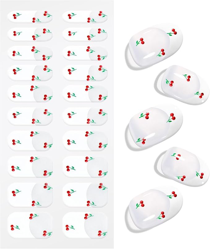 JMEOWIO Gel Nail Stickers Cherry French Tip Semi Cured Gel Nail Strips Wraps UV/LED Nails Art Design Decoration Accessories