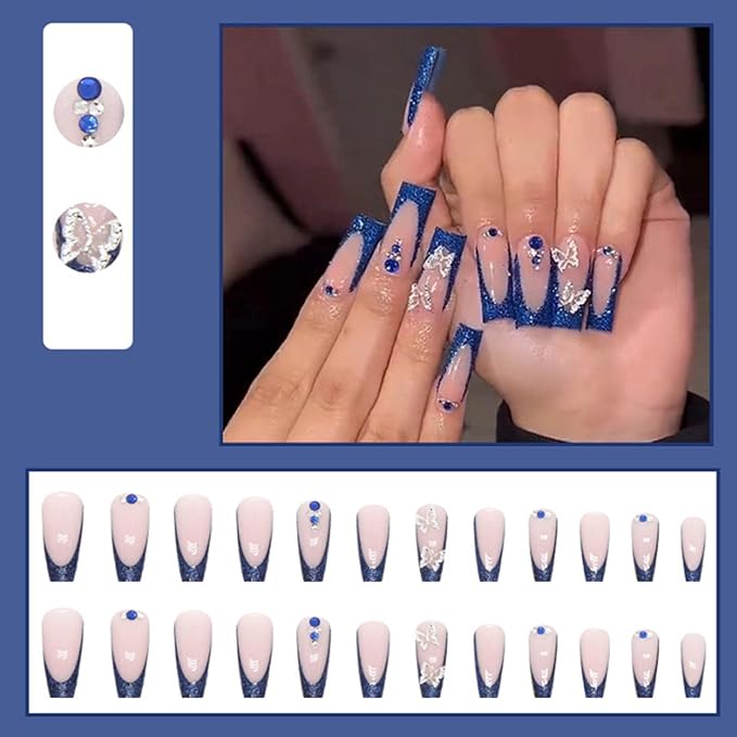Long Press on Nails Square French Fake Nails Full Cover Nude Acrylic False Nails for Women and Girls 24PCS (Blue Butterfly)