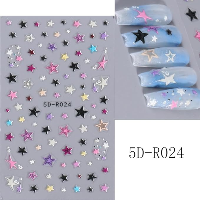 5D Embossed Star Nail Art Stickers Star Nail Decals Self-Adhesive Pegatinas Uñas Colorful Nail Supplies Heart Nail Stickers for Women Girls Manicure 4Sheets…