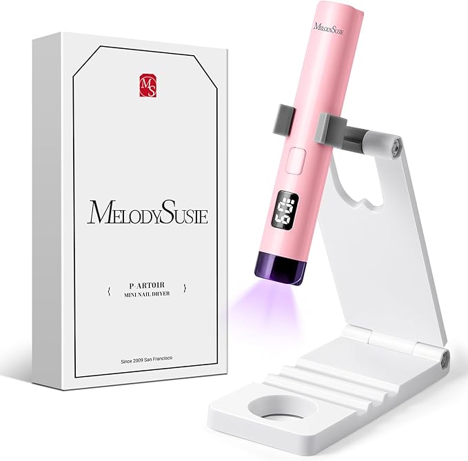 MelodySusie Handheld UV Light for Gel Nails with Stand, Mini Portable Cordless Nail Lamp with LCD Display, Eye-Protective Cover, Flash Curing for Glue Pink