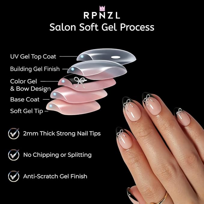 Press On Nails - Black Tie | Black French Tip Press on Nails with 3D Bow Design - Soft Gel Almond Fake Nails I 32 Nails, 16 Sizes Kit with Glue and Adhesive Tabs I Female Founded