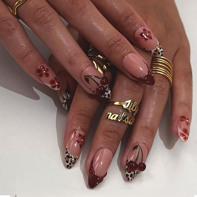 Red Flower Press on Nails Medium Almond MABKJLF Fake Nails 3D Red False Nails with Cherry Leopard Print Hibiscus Designs Fall Glossy Glue on Nail Acrylic Nails for Women Girls 24Pcs