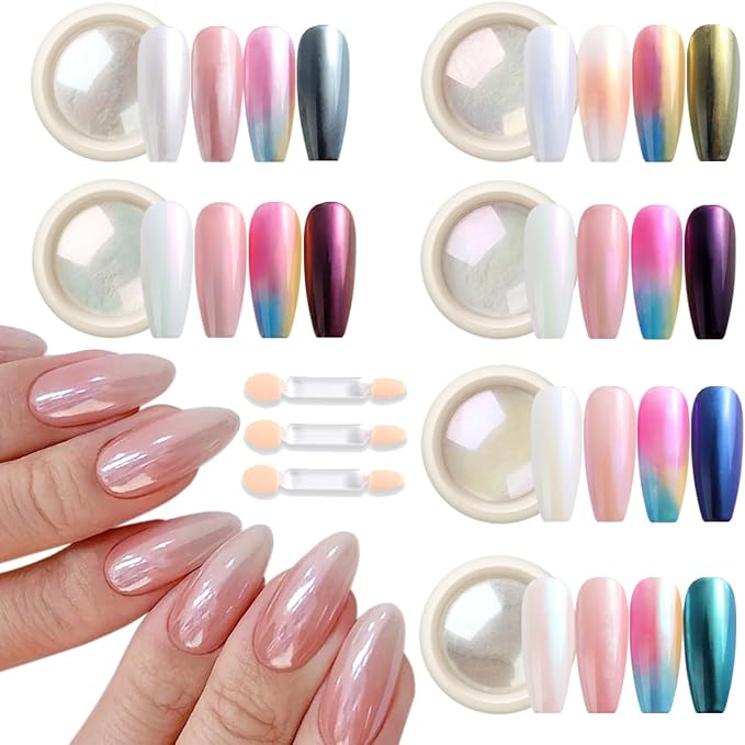 White Chrome Nail Powder - 6 Colors Pearl Chrome for Nails, Mirror Effect Metallic Rubbing Pigment Dust, Glazed Donut Nail Art Pearlescent Glitter Manicure Decor