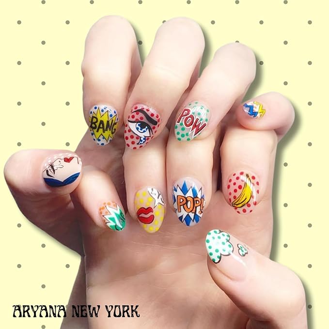 ARYANA NEW YORK Handmade 3D Press-On Nails – Medium Almond False Nails for Women, Clear French Tip with Pop Art Design | Pop Art Collection (Medium)