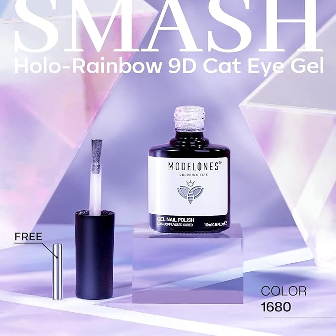modelones Cat Eye Rainbow Gel Nail Polish Silver Glitter Holographic Glass 9D Cat Eye Gel Polish with Magnet Stick Soak Off U V Nail Lamp Summer Nail Art Top Coat Manicure Salon DIY Home 15 ML