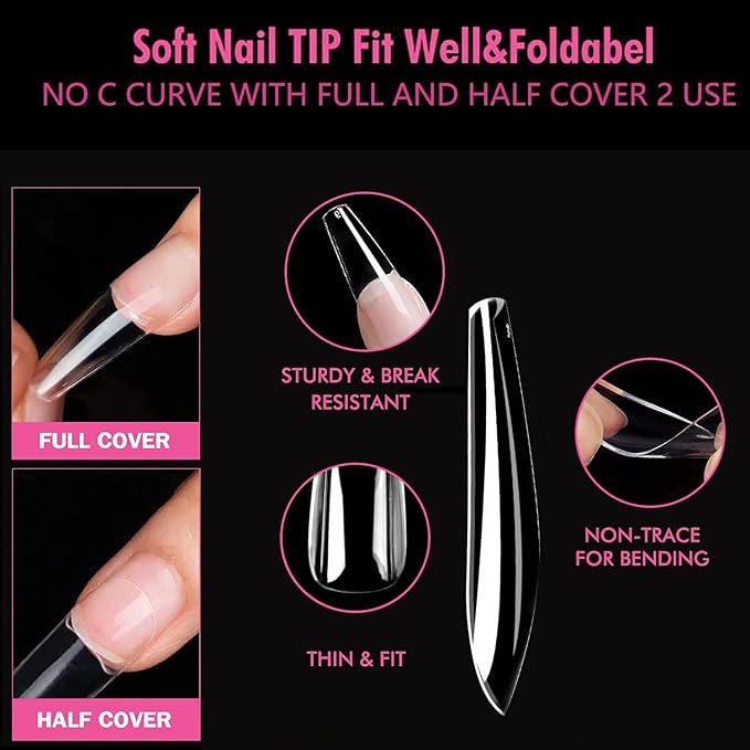 UNA GELLA Long Coffin Nail Tips, 216pcs Clear Long Coffin Gel Nail Tips False Fake Press on Nails Tips Full Cover Acrylic Nails Coffin Shaped For Nail Extension DIY Salon Soft Gel Tips 12 Sizes