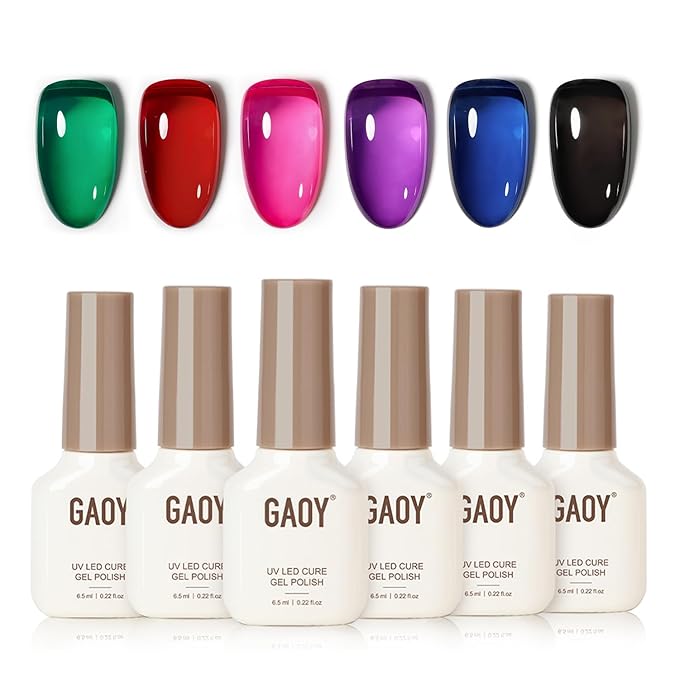 GAOY Jelly Red Black Gel Nail Polish Set, 6 Transparent Colors Green Blue Pink, UV Light Cure Gel Polish Kit for Nail Art DIY at Home