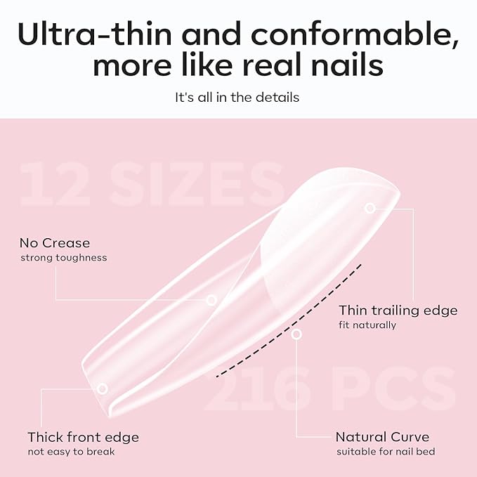 modelones Long Coffin Gel Nail Tips Kit, 9-in-One Nail Glue with Portable U V Lamp 216Pcs 12Sizes Pre-Etched Press ons Fake Acrylic Extension Kit DIY Salon Gift for Women