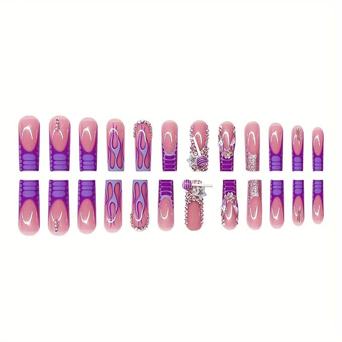 Square Press on Nails Long Fake Nails French Tip Glue on Nails Press ons with Rhinestones Designs Acrylic Nail Y2K False Nails with Charm Artificial Nail for Women 24Pcs