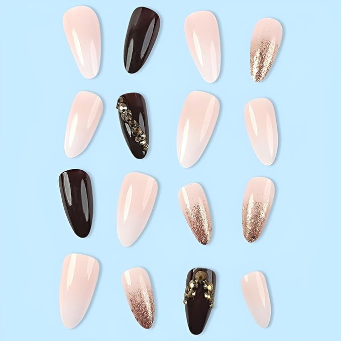 24Pcs Long Stiletto Fake Nails Gold Glitter Press on Nails Gradient False Nails with Rhinestones Design Glossy Full Cover Nails Press Ons Acrylic Glue on Nail for Women Decoration Set