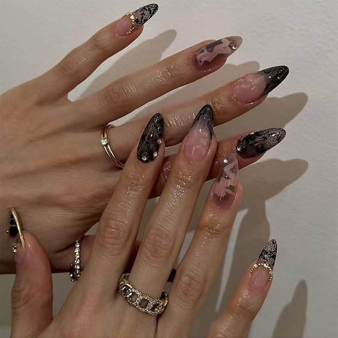 Black Lace Press on Nails Medium Almond Fake Nails Cute Nails Press ons with Rhinestone Design,Reusable & Easy Apply Full Cover Stick on Nails for Women Manicure 24Pcs