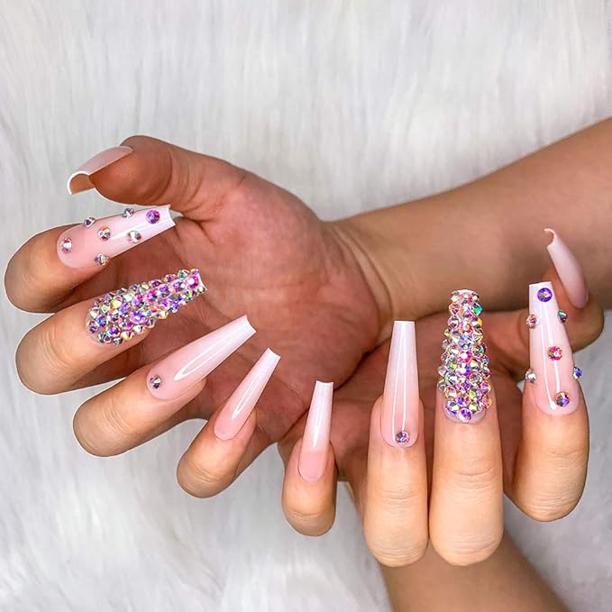 Artquee 24pcs French Nude White Ballerina Diamond Long Glossy Coffin Flash Fake Nails Press on Nail False Tips Manicure for Women