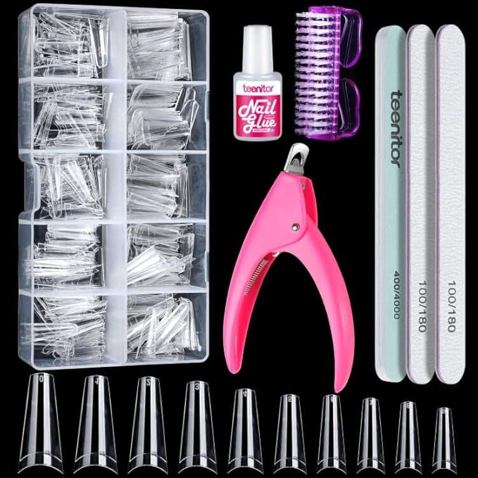 Teenitor Clear Coffin Nail Tips Kit, Clear Nail Tips Half Cover Coffin Fake Nail Tips Long, 500 Pcs Acrylic Half Cover Ballerina French Nail Tips With Glue, Acrylic Nail Clipper