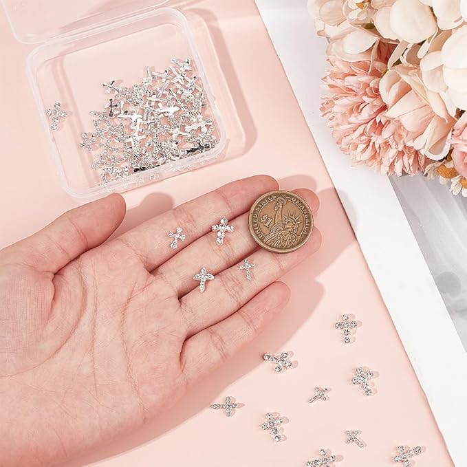 CRASPIRE 80Pcs Cross Nail Charms 3D Y2K 4 Styles Luxury Nail Gems Set Metal Alloy Rhinestone Flat Gothic Vintage Punk Studs Decor for Women Nail Art Crafts DIY Jewelry Christmas Decorations Cellphone