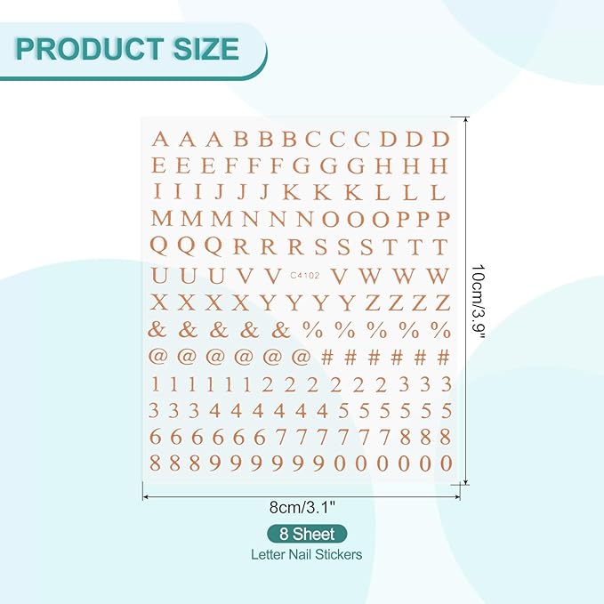 PATIKIL Letter Nail Stickers, 8 Sheet 3D Self-Adhesive English Letter Nail Decal Small Alphabet Art Sticker Metallic Fluorescence Design Manicure for Women DIY Decor, Rose Gold