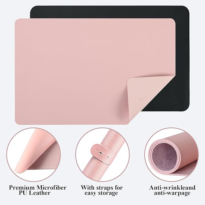 2 PCS Nail Art Table Mat, Soft Microfiber PU Leather Nail Pad, Foldable Nail Art Rest Pad, Reusable Nail Mat for Table Desk, Acrylic Nail Desk Mat for Nail Cushion(Pink+Black)
