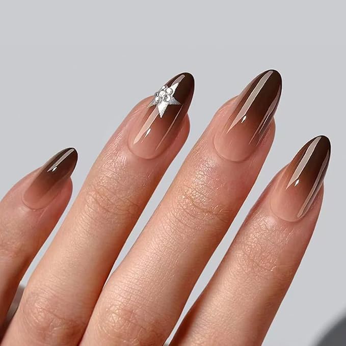 Brown Press on Nails Short Almond Fake Nails Brown Nails White Star False Nails Press ons with Gradient & Rhinestones Design Glossy Acrylic Full Cover Stick on Nail for Women Girls Manicure 24Pcs