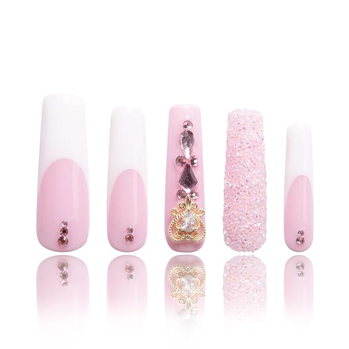 LOVFUL Press on Nails Sweet Elegance| Handmade with Full Covered Crystals| Reusable Fake Nails| Square Mid length 1.7in| H34-S