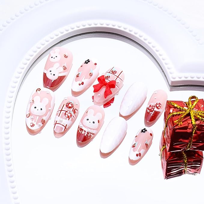 Cute Press on Nails Medium French Tip Fake Nails with 3D Bow Acrylic Nails Bunny Glue on Nails Strawberry Flower Design Almond False Nails Full Cover Pink Artificial Nail Handmade Stick on Nails 30Pcs