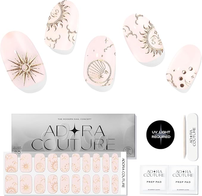 Semi-Cured Gel Nail Strips - 20 Salon-Quality Gel Sticker with UV Light Required, Long Lasting, Easy Application & Removal, Includes Prep Pad, Nail File, Wooden Stick (Pink Solar)