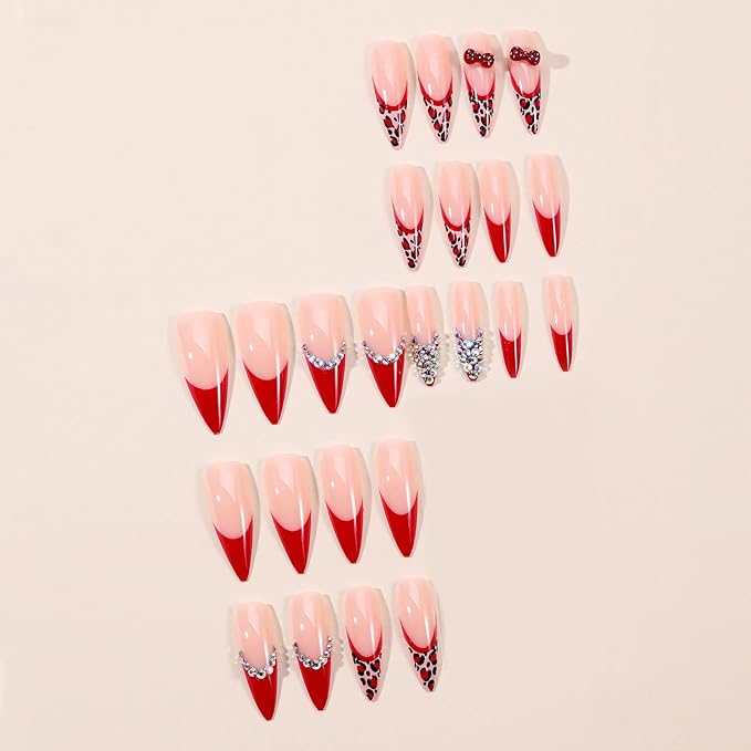 MISUD Press on Nails - Long Stiletto Fake Nails with Red French Tip, Acrylic Cheetah Rhinestone Design 24 pcs