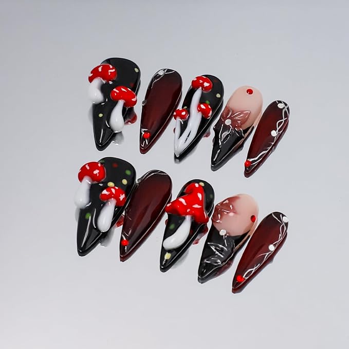 Thick Press on Nails Long Almond Handmade Nails Black Fake Nails with Glue,Cute 3D Mushroom and Flowers Art False Nails with Design Extra Long Halloween Nails Nature Stick on Nail for Wome (Size S)
